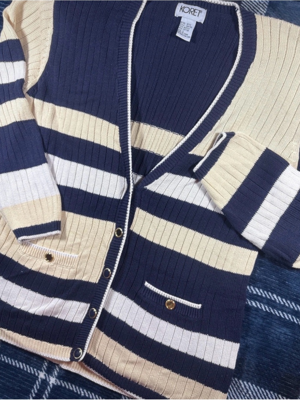 Vintage Teacher Women’s Navy & Cream Striped Cardigan Sweater Large